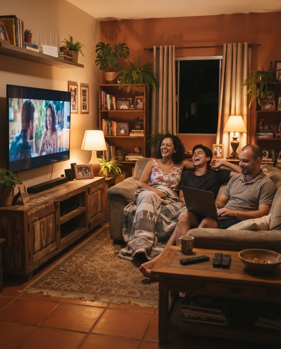 Família usando a internet fibra da GBA Telecom